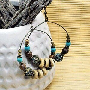 Fun Boho Antiqued Patina Wood Beads Hoop Earrings
